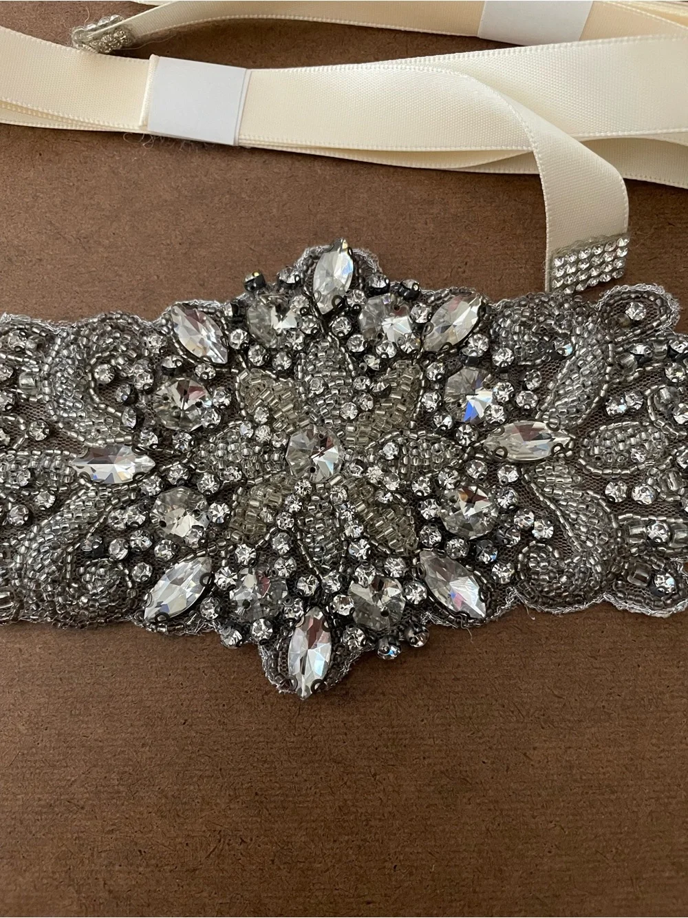 Crystal Embellished Ivory Ribbon Sash Belt